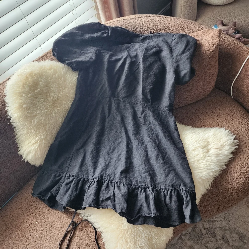 And Other Stories Black Linen Ruffled Mini Wrap Dress